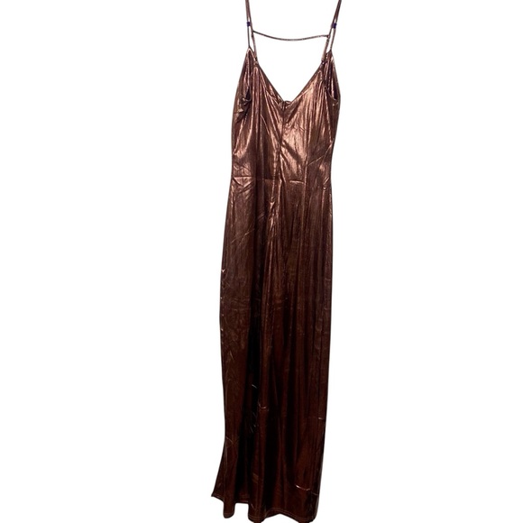 NWT Brown Sleeveless Metallic Shimmering V-Neck Slip Design Maxi Dress Sz S - Picture 2 of 15